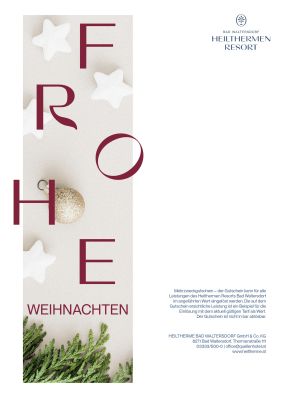 Gutschein mit Bild von Weihnachtssternen und -kugeln